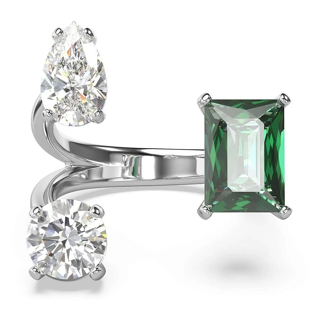 Mesmera open ring, Mixed cuts, Green, Silver-tone finish