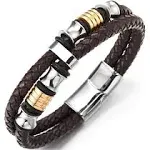 COOLSTEELANDBEYOND Mens Double-Row Braided Leather Bracelet Bangle Wristband with Stainless Steel Ornaments