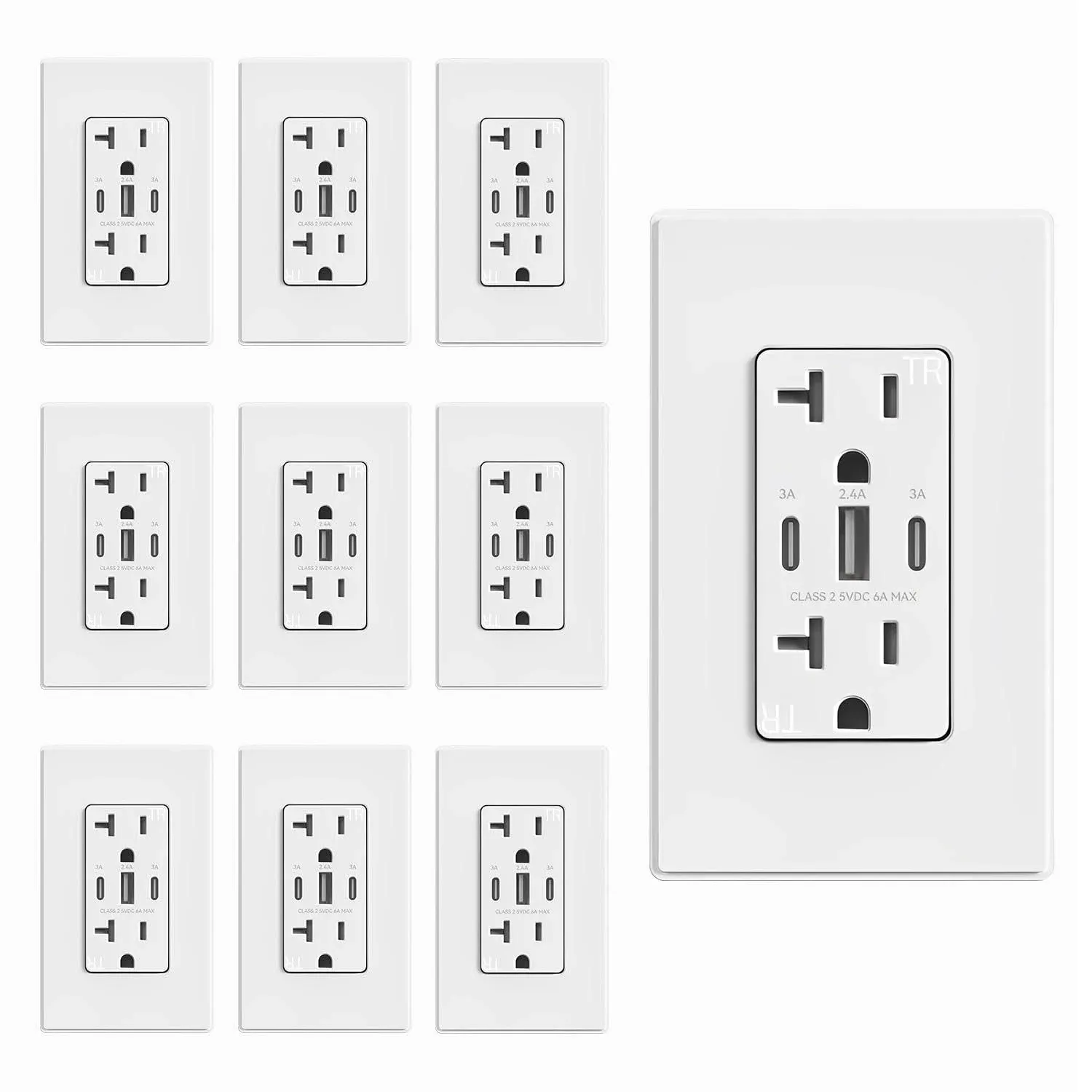 ELEGRP USB Outlets, 30W 6.0 Amp USB C Outlets Receptacles, 3-Port USB Wall Outlet, 20 Amp Tamper-Resistant Outlet with 2 USB C Ports, UL Listed, Screwless Wall Plate Included, 10 Pack, Matte White