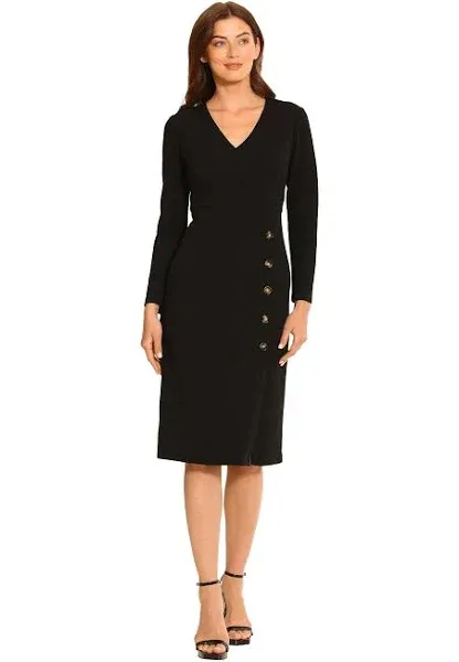 Maggy London Women's V-Neck Midi with Side Skirt Buttons Detail