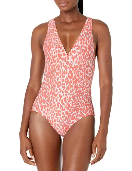 Shop Carmen Marc Valvo Women's Animal-print Surplice One-piece Swimsuit In Melon