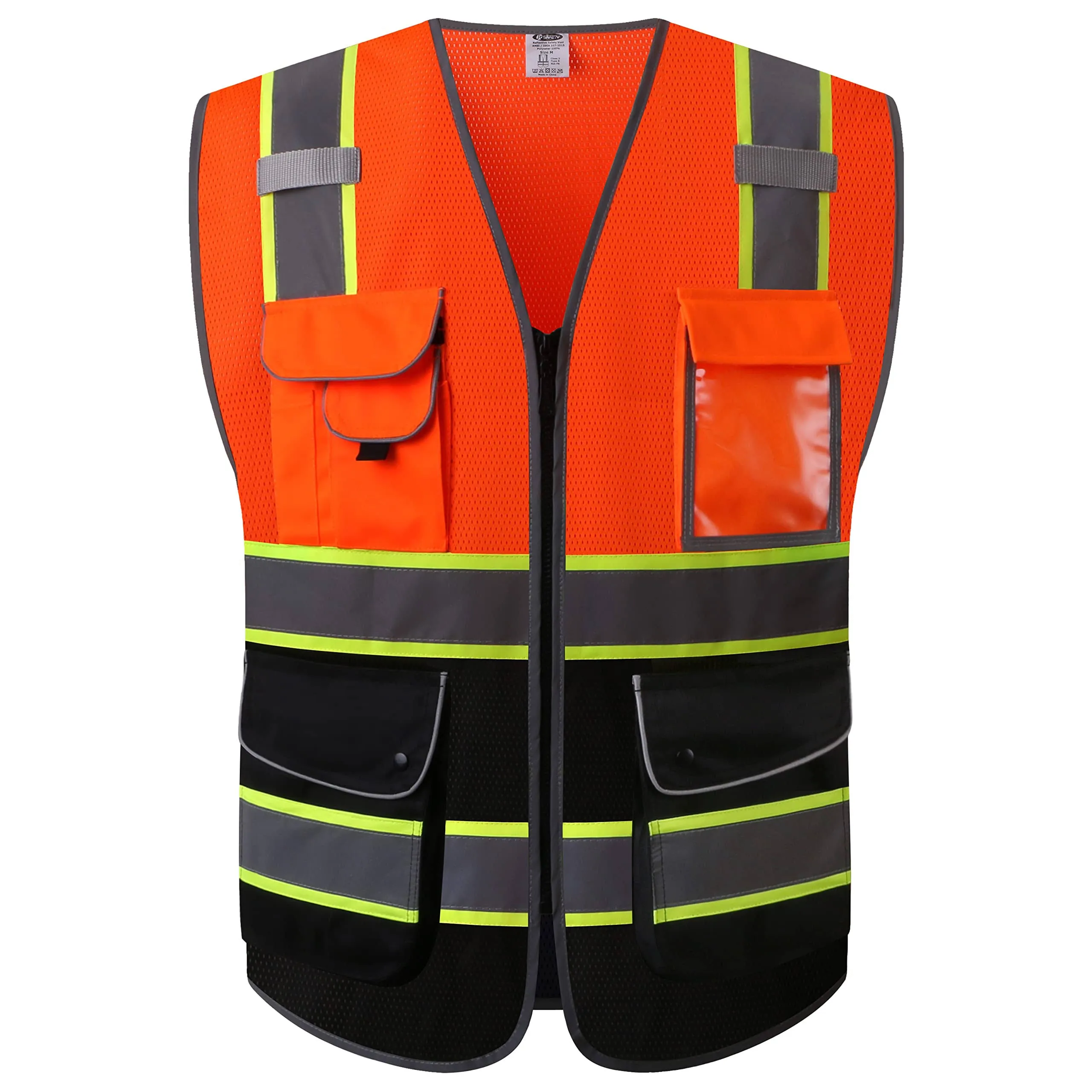 JKSafety 9 Pockets Class 2 High Visibility Dual Color Zipper Front MESH Lite Safety Vest | Yellow Color Triming Reflective Strip | ANSI/ISEA Standards (100-Orange-Black, M)