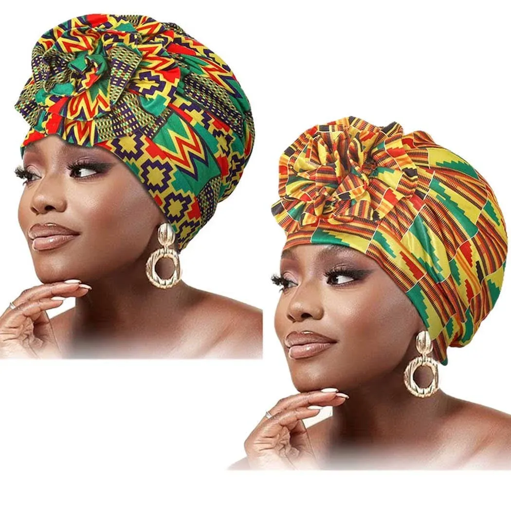 Woeoe Women African Turbans Green Printed Flower One Size-Medium, Multicolor 