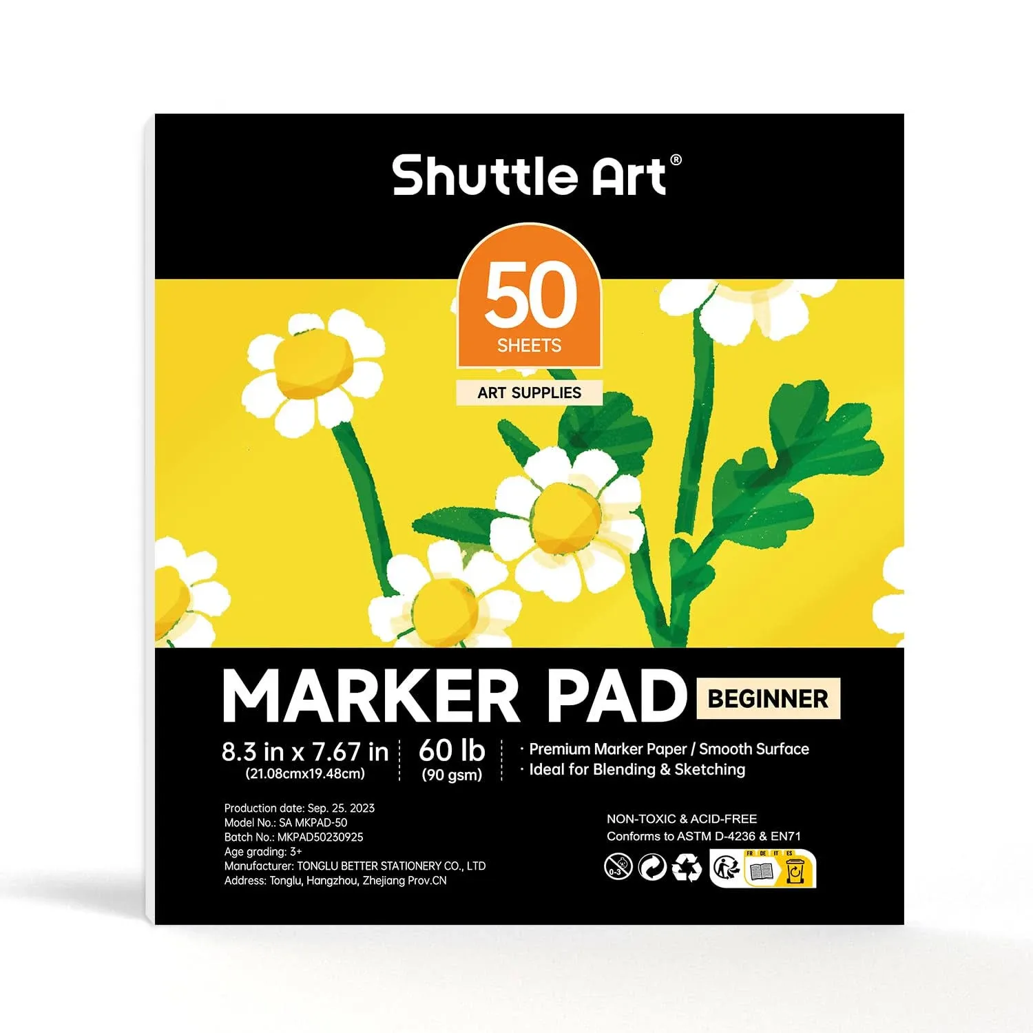 Shuttle Art Marker Pad, 8.3”x7.67” Portable Square Sketchbook, 50 Sheets Marker Drawing Paper, 60LB/90GSM Smooth Surface Bleedproof Art Paper,