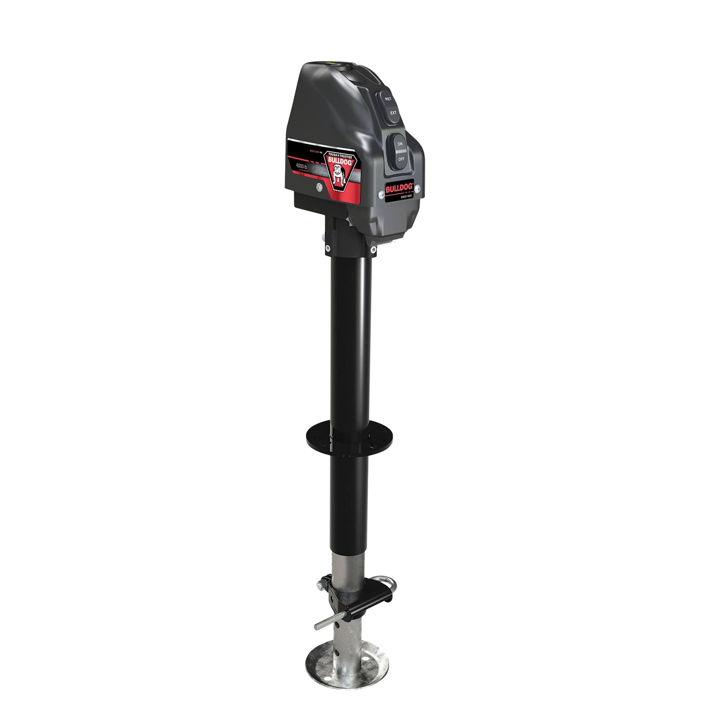 Bulldog 500199 Powered Drive A-Frame Electric Trailer Jack for Boat Trailers, 4,000 lbs. Capacity, Power Tongue Jack with Spring Loaded Pull Pin for 22 Inches of Total Travel, 3 Onboard LED Lights