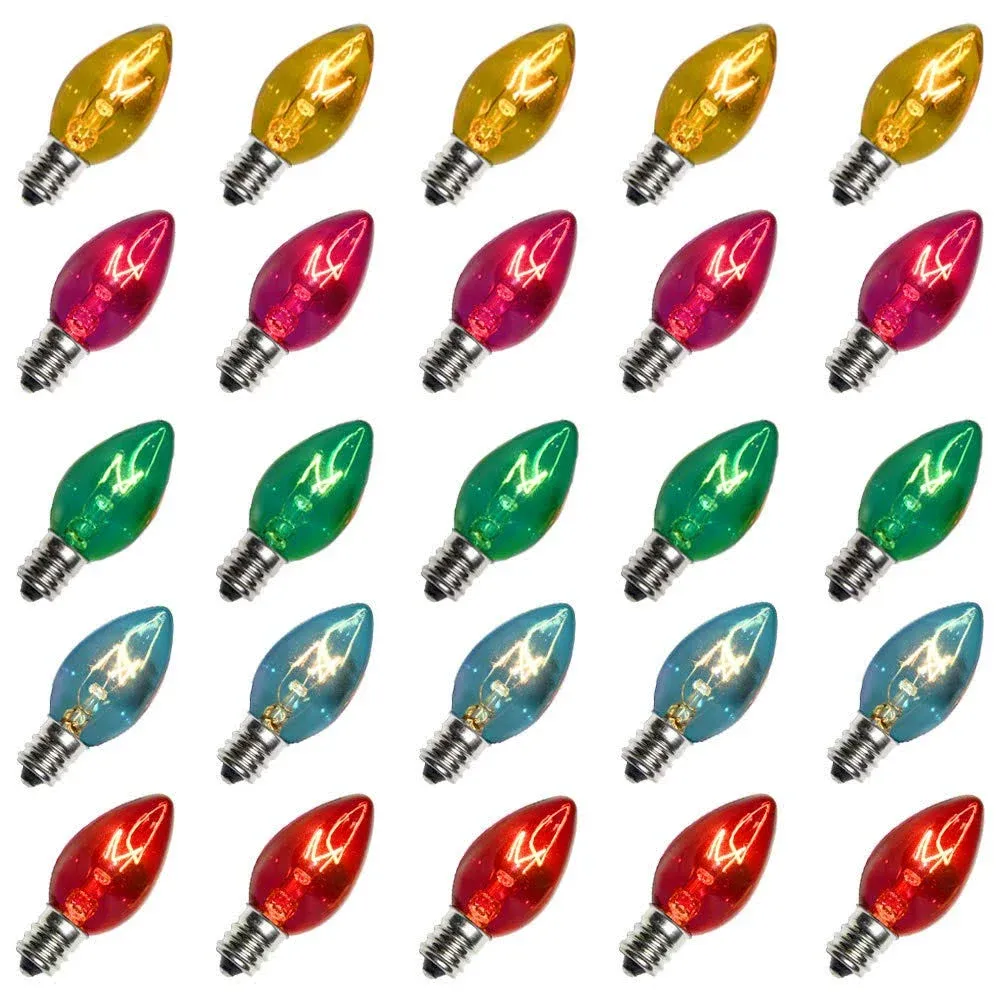 25 Pack C7 Multicolor Christmas Replacement Light Bulbs Ceramic Candelabra Case