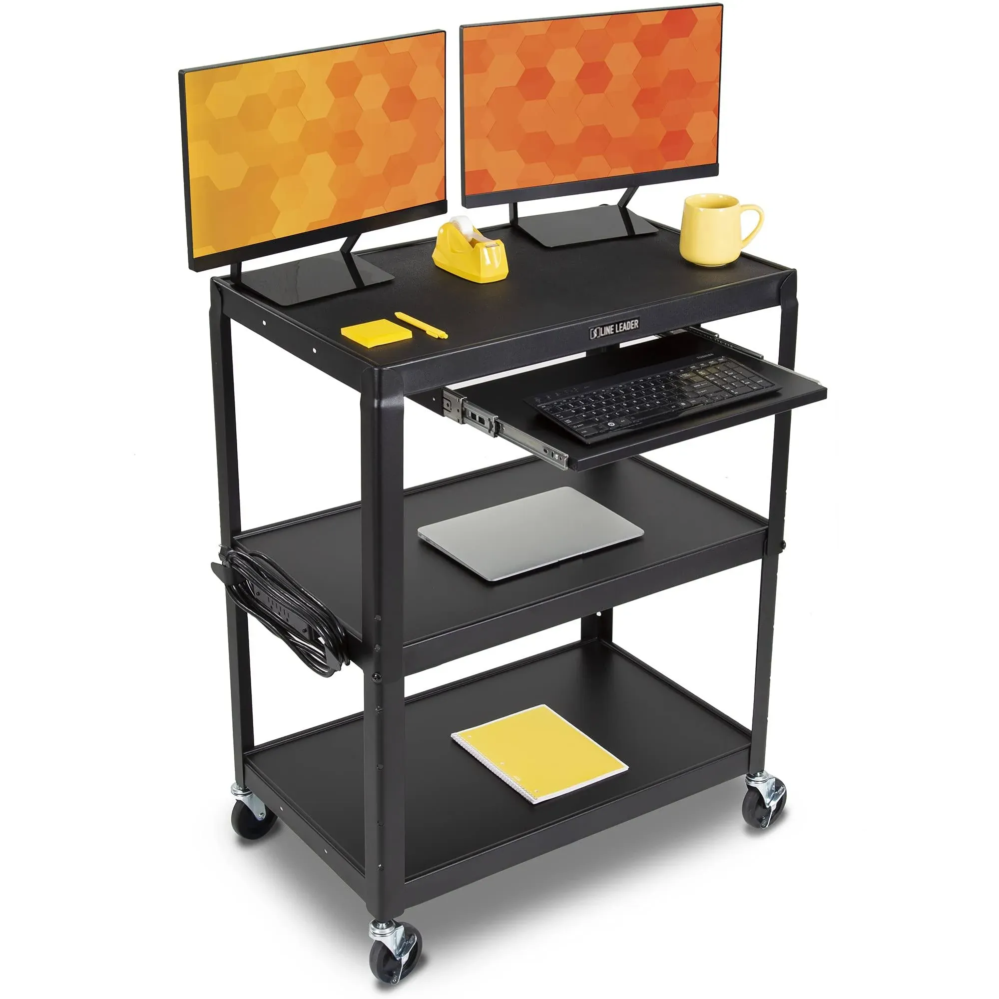 Line Leader Extra Wide Rolling AV Cart - Adjustable Shelf Height Computer Stand Workstation, Includes Pullout Keyboard Tray, Lockable Wheels, Power Cord Management (Black, 42in x 32in x 20in)