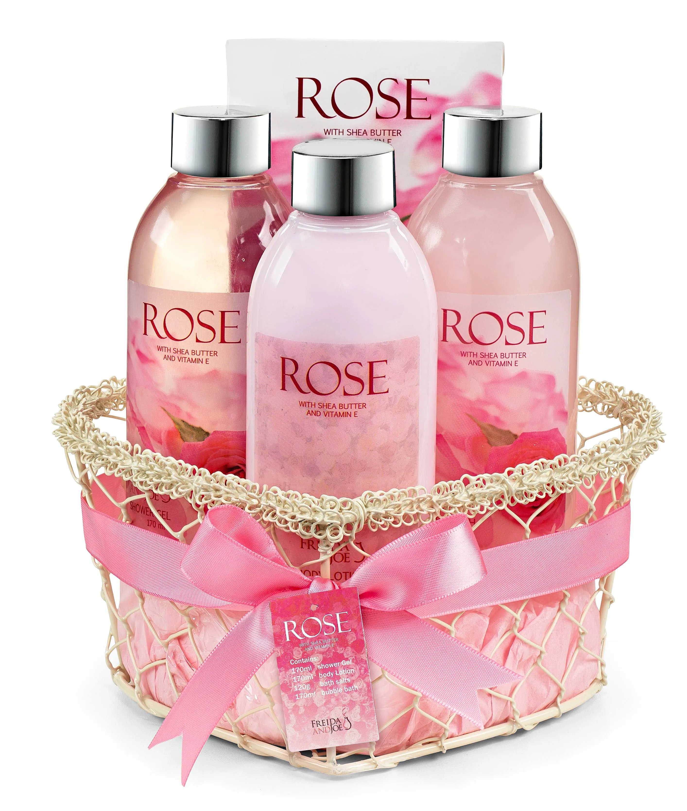 Heart Pink Rose Spa Bath and Body Gift Basket for Women with Shower Gel, Bubble Bath and Body lotion and Bath Salt Bath Gift Set