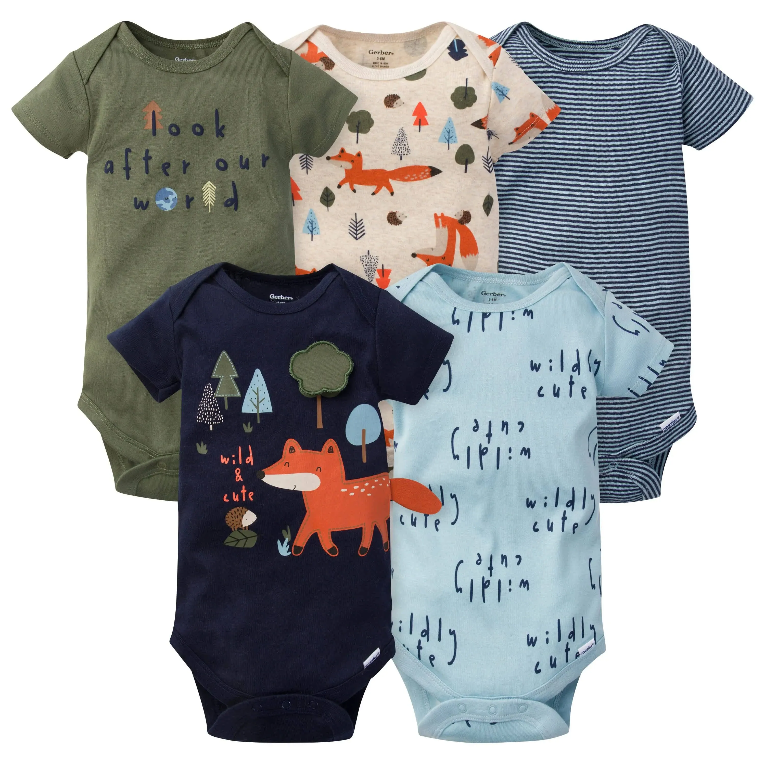 Gerber 5-Pack Baby Boys Fox Short Sleeve Onesies Bodysuits - 0-3mo