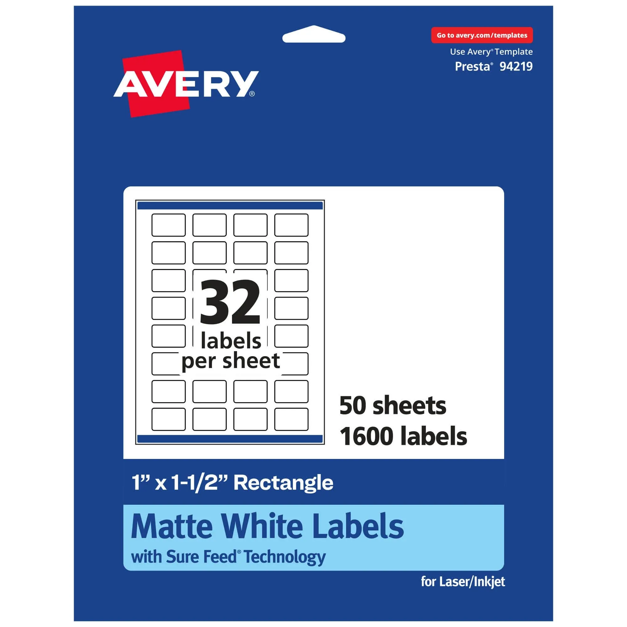 Avery Matte White Rectangle Labels with Sure Feed, 1" x 1.5", 1,600 Matte White Printable Labels