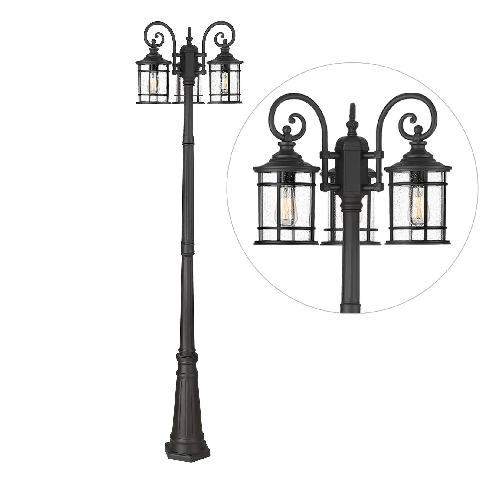 Emliviar Industrial Street Light, 3-HeadOutdoor Post Lamp for Driveway House, Carriage Lantern Lamp Aluminum with Seeded Glass, Black Finish, XE229PL-3 BK