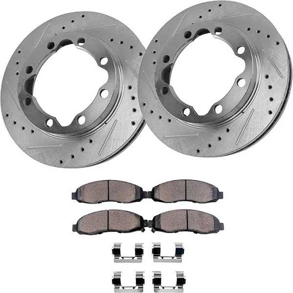 Detroit Axle - Front Brake Kit for 4WD 1994-1999 Ram 2500 3500, 1990-2000 GMC Chevrolet K3500 Drilled & Slotted Brake Rotors and Ceramic Brakes Pads Replacement