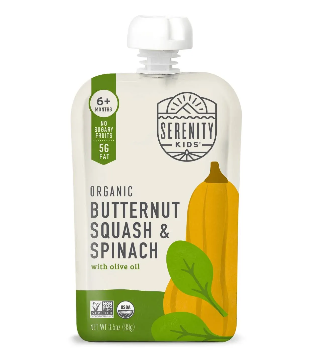 Serenity Kids 6+ Months USDA Organic Veggie Puree Baby Food Pouches | No Sugary Fruits or Added Sugar | Allergen Free | 3.5 Ounce BPA-Free Pouch | Butternut Squash & Spinach | 6 Count