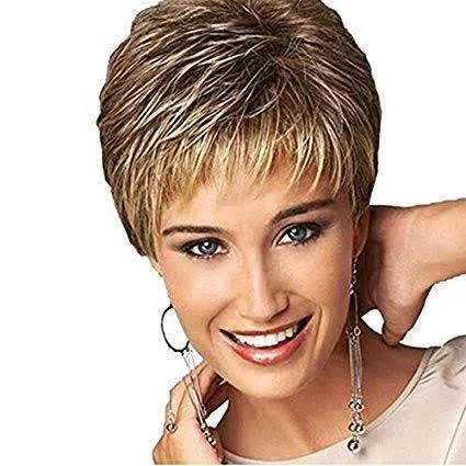 Umeet Short Fluffy Straight Bob Synthetic Wigs Mix Blonde Hair Wig with Flat Bangs for Women