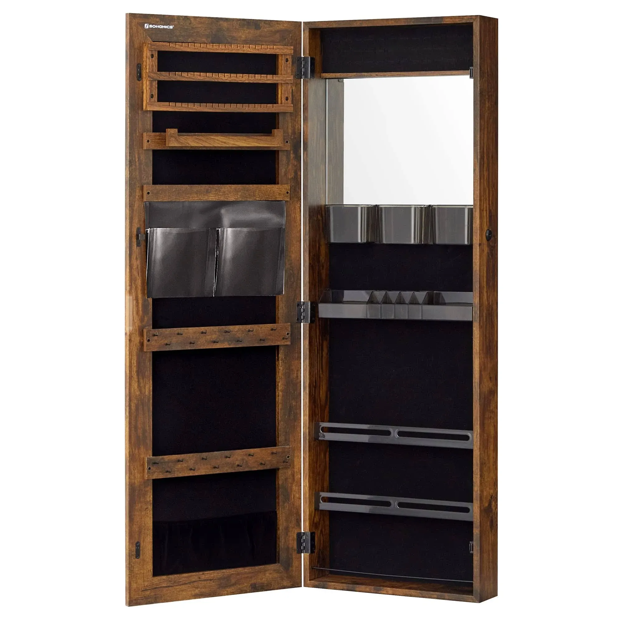 Lockable Jewelry Cabinet Armoire, Mirror Rustic Brown