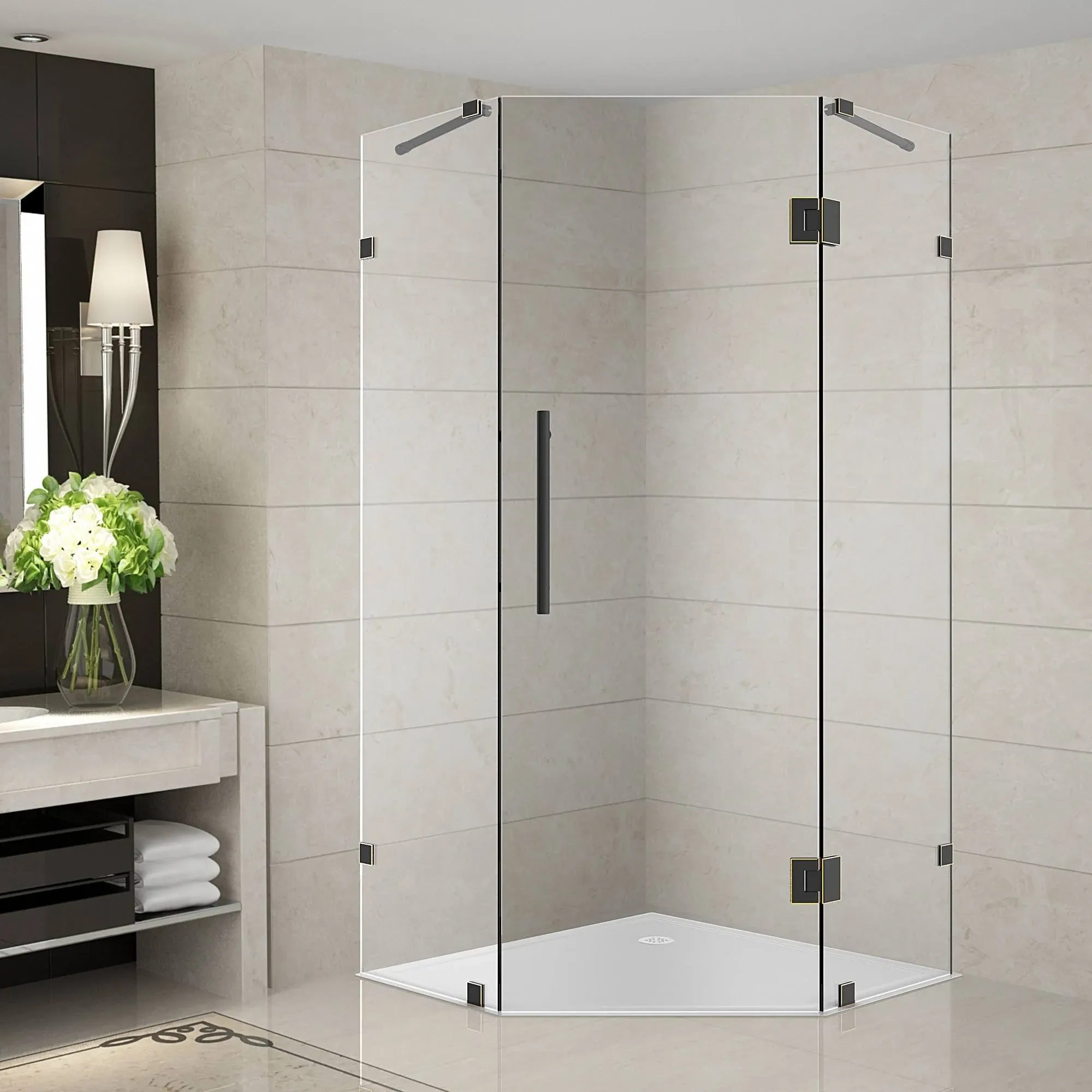 Aston Neoscape 36 in. x 72 in. Frameless Neo-Angle Shower Enclosure in Stainless Steel with Self-Closing Hinges SEN986-SS-36-10