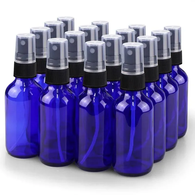 16- NEW 2 oz. Cobalt Blue Boston Round GLASS Spray Bottle with Black Sprayers