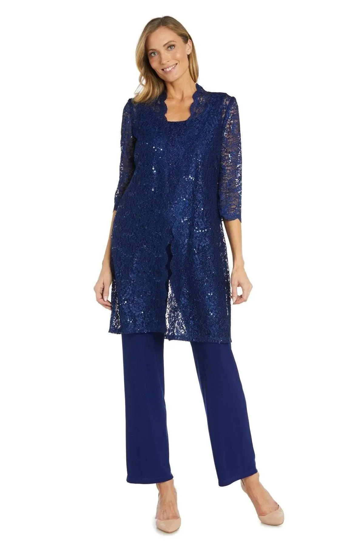 R&M Richards Women's Scallop Lace Duster Pant Set