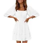 EXLURA Women's Lantern Sleeve Tie Back Summer Dress Ruffled Off Shoulder A-Line Vintage Mini Dress