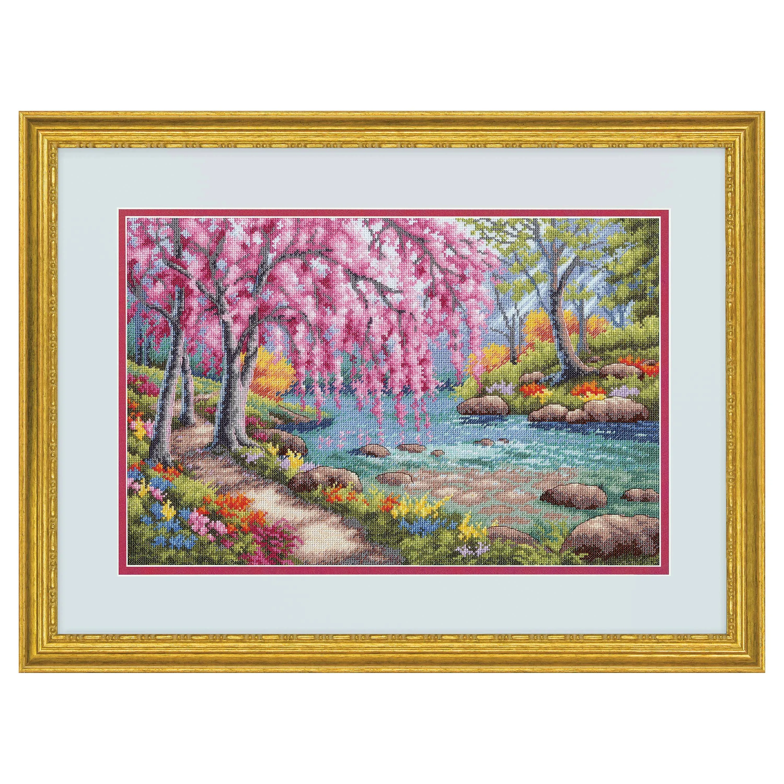 Dimensions Gold Cherry Blossom Creek Collection Cross Stitch Kit, 16 Count Light Blue Aida Cloth, 10" x 15"