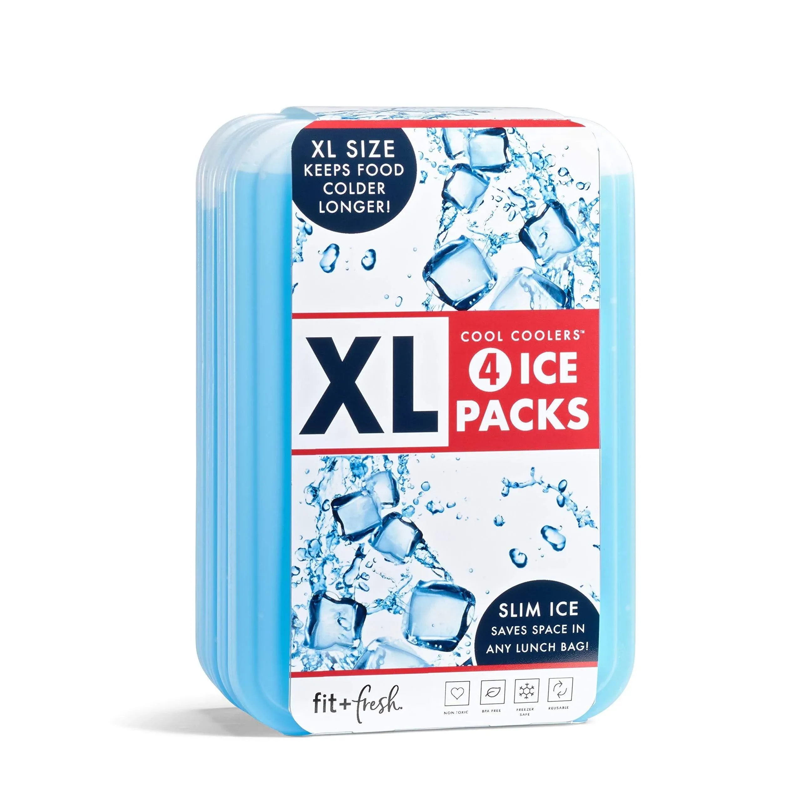 Fit & Fresh XL Cool Coolers Freezer Slim Ice Pack for Lunch Box Set of 4 Large, Blue