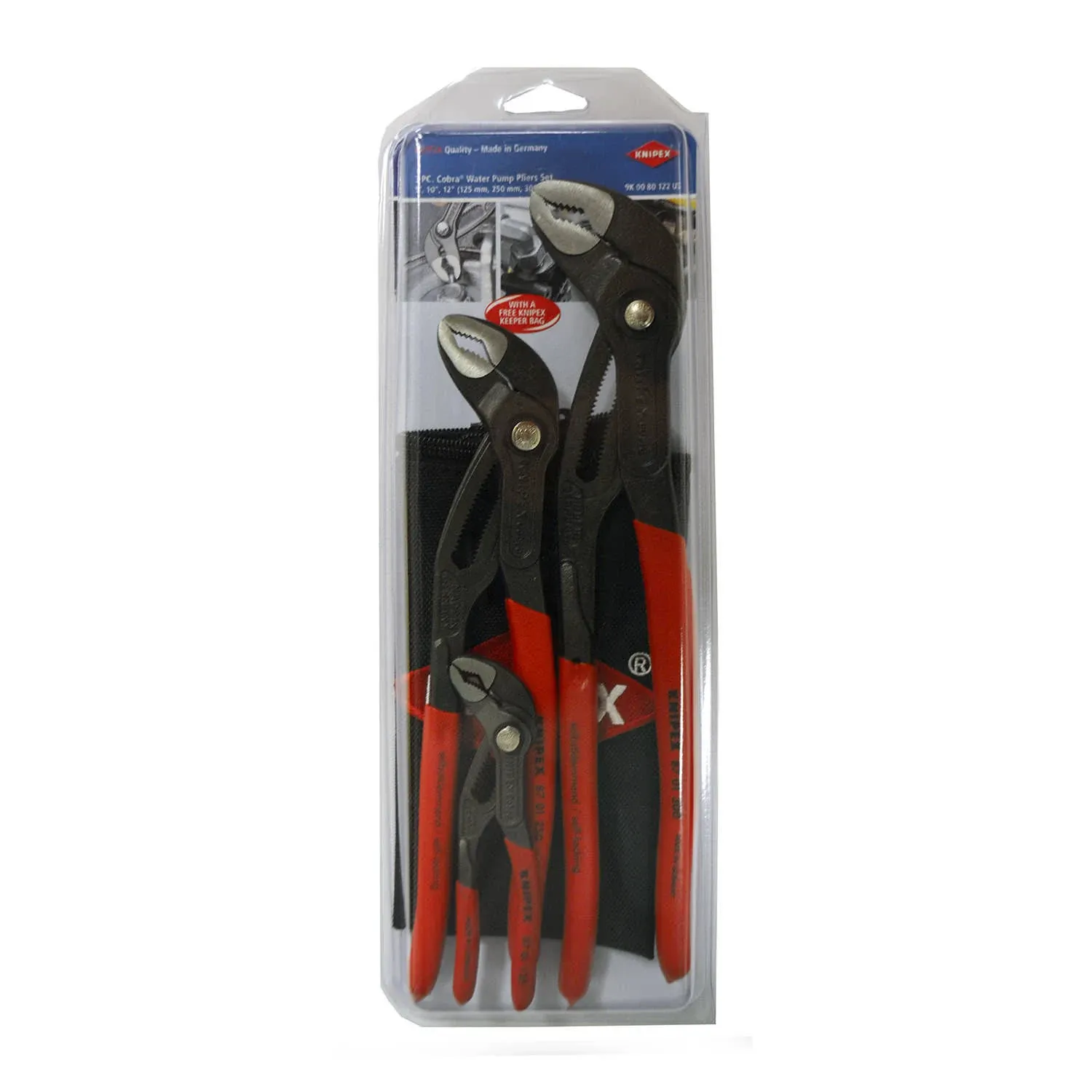 3 Pc Cobra® Set w/ Keeper Pouch (87 01 125, 87 01 250,  87 01 300, 9K 00 90 12 US) By Knipex 9K 00 80 122 US