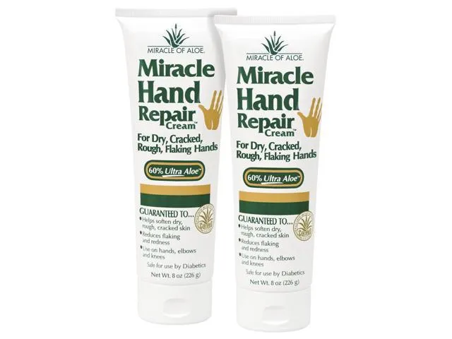 Miracle of Aloe Miracle Hand Repair Cream 8 oz Healing Aloe Vera Lotion for Dry, Cracked Hands with 60% Ultra Aloe Gel - Moisturizes, Softens, and Repairs - Non-Greasy, Lightly Scented (2-Pack)