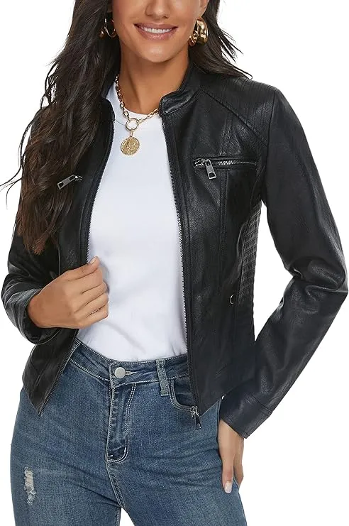 Fahsyee Faux Leather Jacket for Women, Moto Biker Slim Vegan MotorcycleZipper Coat Outwear, Black, Size L