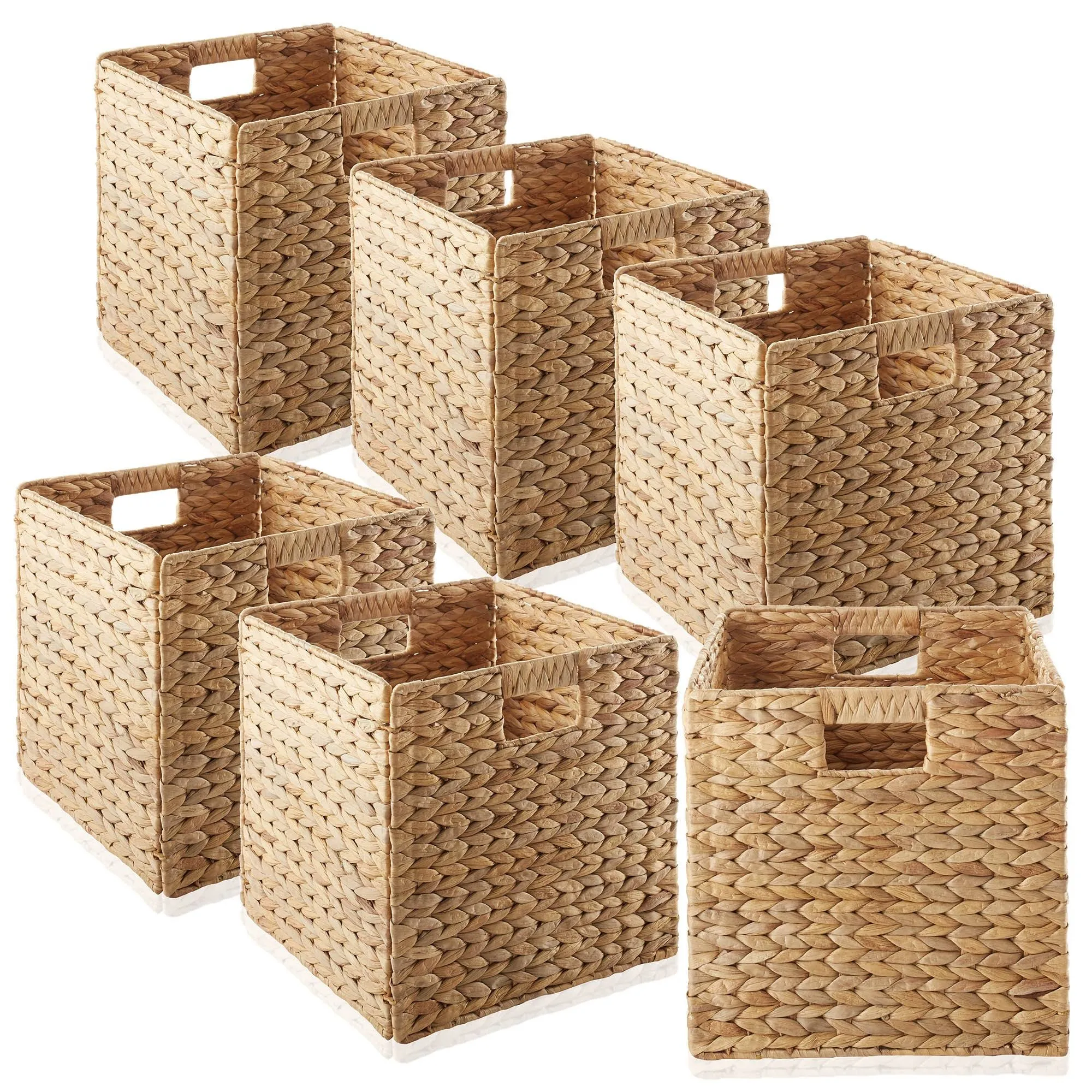 Casafield 12" x 12" Water Hyacinth Storage Baskets, Natural - Set of 4 Collapsible Cube Organizers, Woven Bins for Bathroom, Bedroom, Laundry,