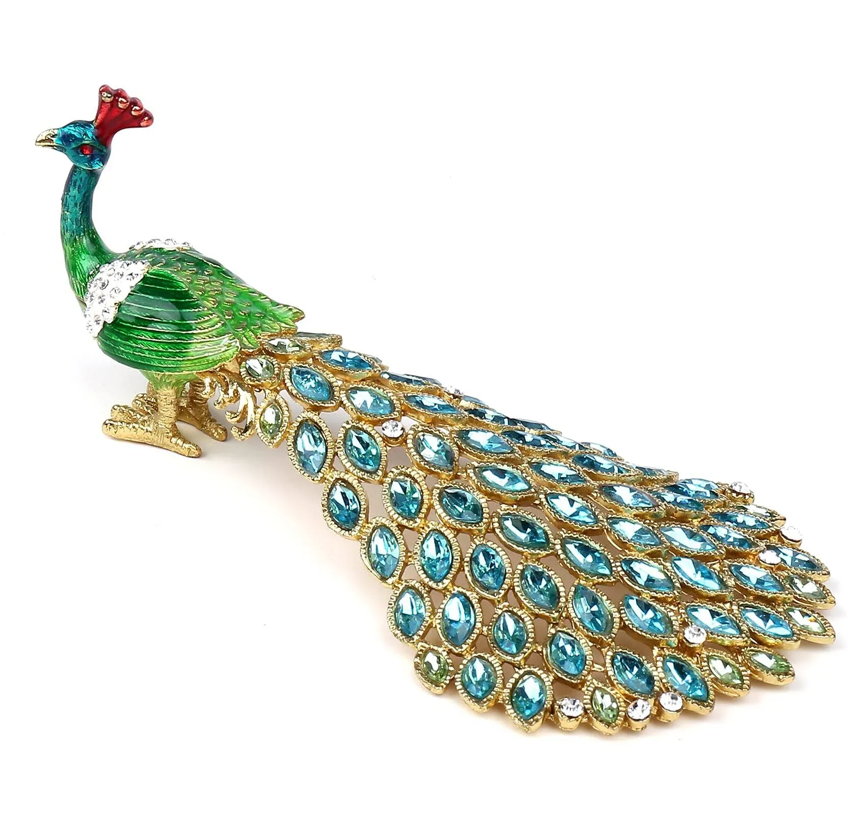 Green Peacock Figurine Hinged Trinket Box For Women, Unique Gift, Home Decor with Rhinestone and Crystal, Hand-Plated Enameled Jewelry Box