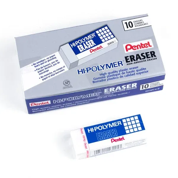 Pentel Hi-Polymer Block Eraser, White, 10/Box (ZEH10PC10)