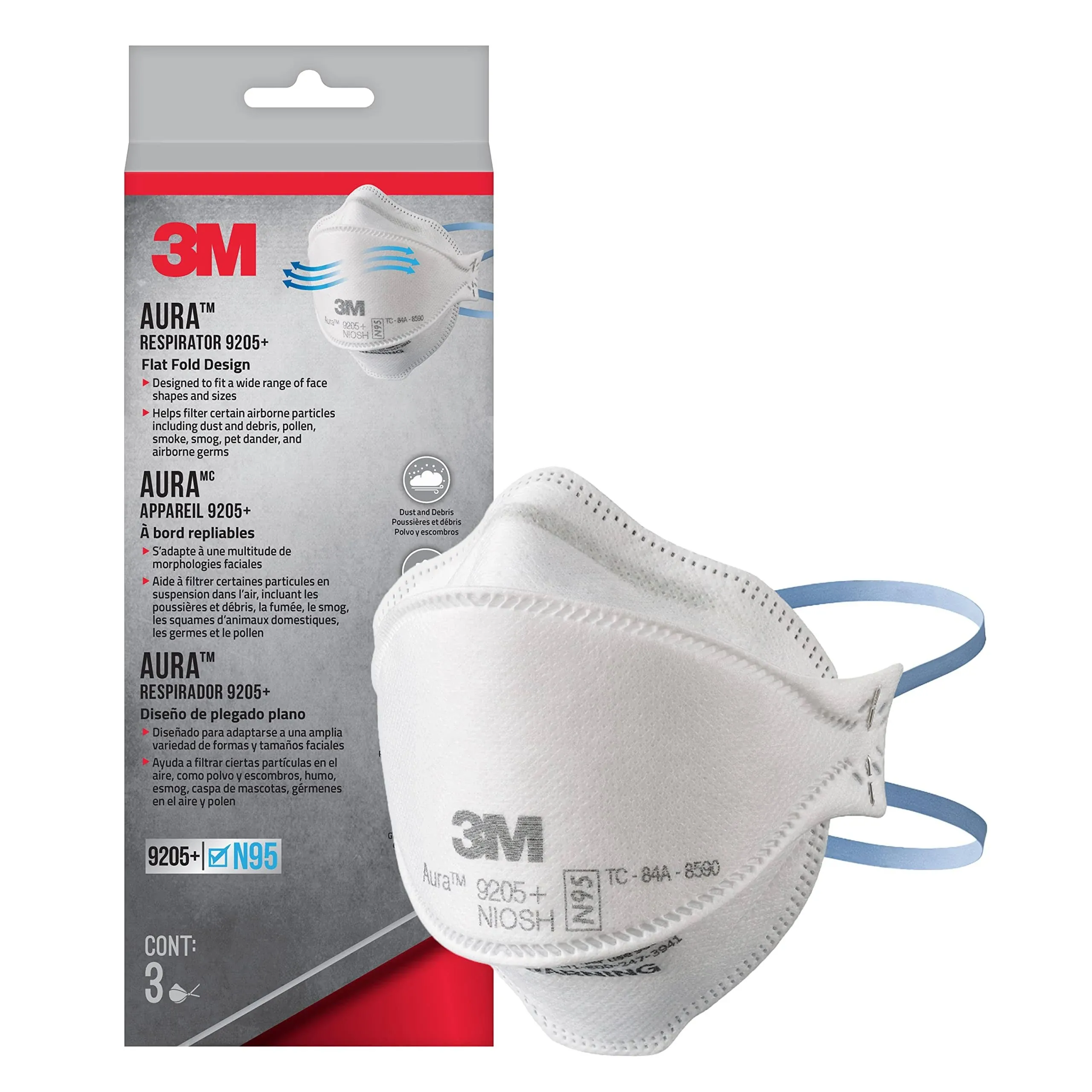 3M Aura Particulate Respirator 9205+ N95, 3-Pack