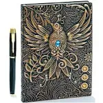 Vintage 3D Phoenix Embossed Leather Writing Journal Notebook with Gold Pen Set,A5,200Pages,Antique Handmade Daily Notepad Sketchbook,Travel Diary&Notebook to Write in,for Women Men (Bronze,8.4"*5.7")