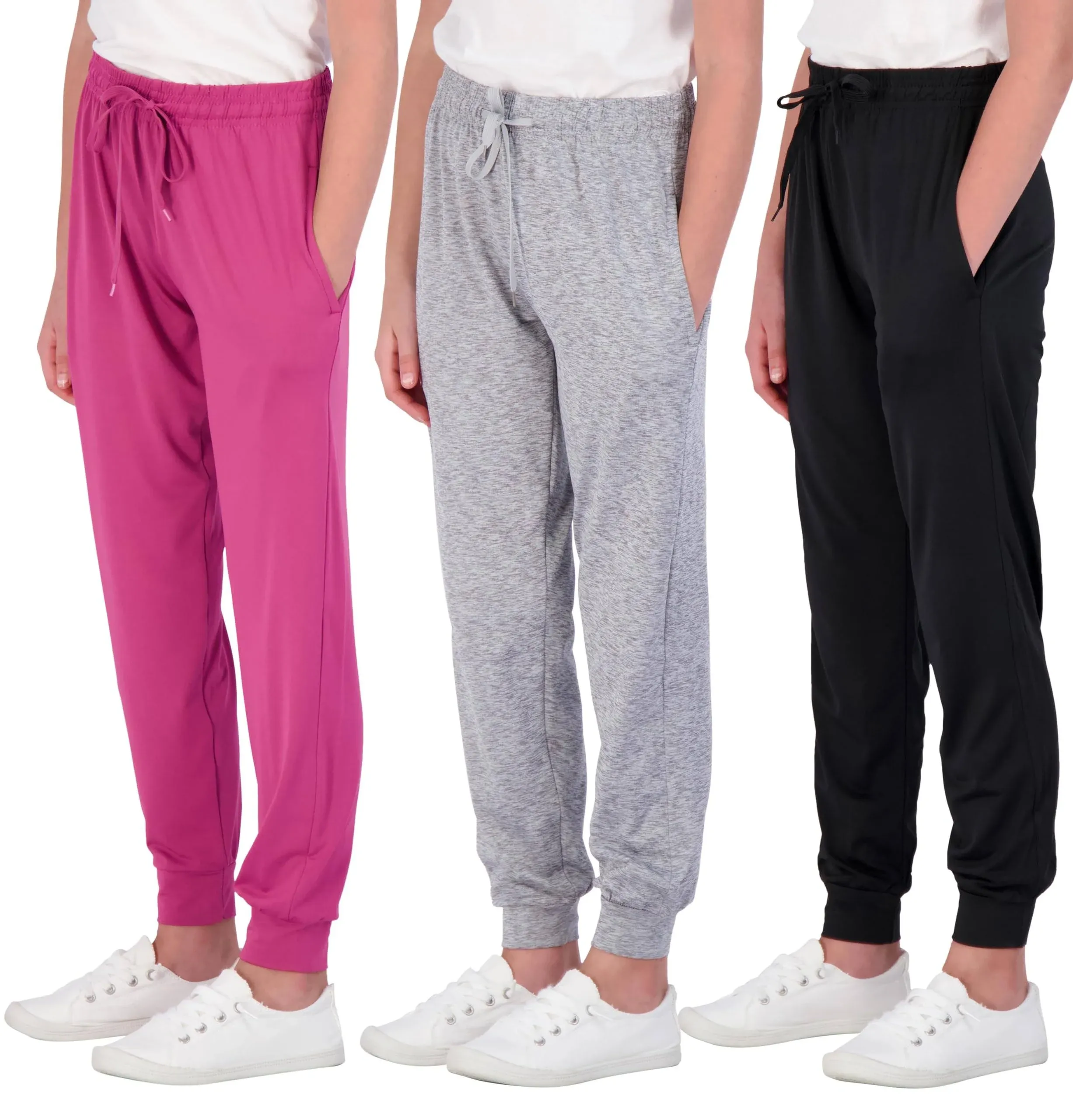 Real Essentials 3 Pack: Girls' Dry-Fit Jogger Sweatpants Soft Active Athletic Kids Joggers with Pockets & Drawstring