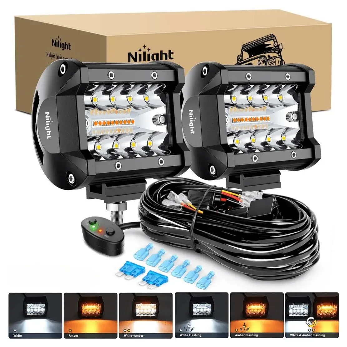 Nilight 2PCS 4Inch 60W LED Pods Spot Flood Amber White Light Bar Strobe 6 Modes 