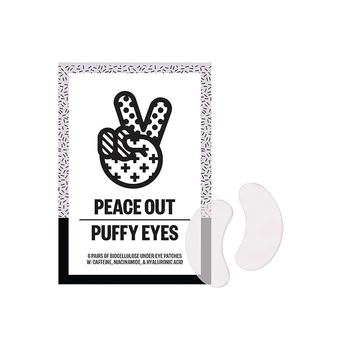 PEACE OUT Cuidado de la piel ojos hinchados, máscara de biocelulosa debajo de los ojos, minimiza la hinchazón, las ojeras y los ojos cansados con cafeína y niacinamida, 6 pares