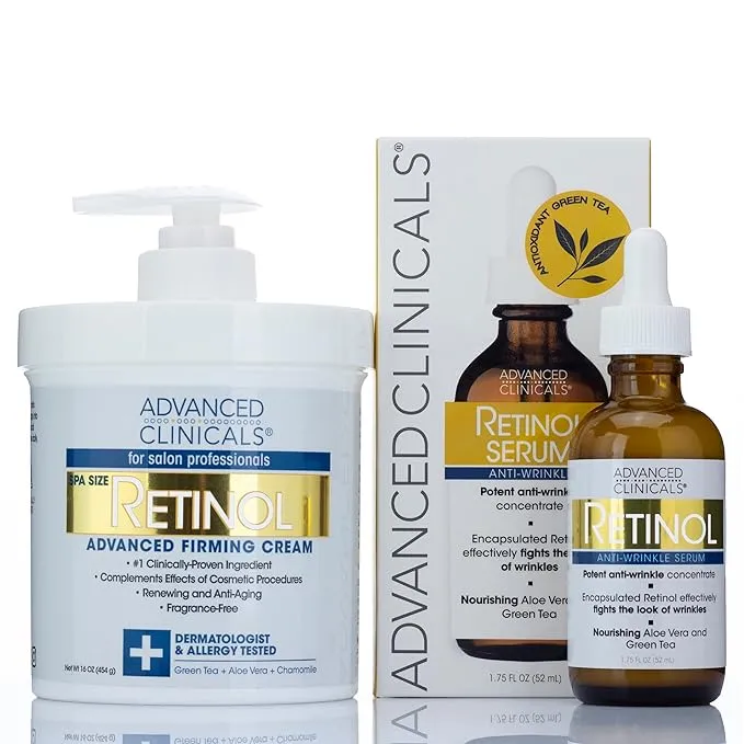 Advanced Clinicals Retinol Skin Care Value Set. Anti-Aging Retinol Serum for Face 1.75 fl oz. 16 fl oz Spa Size Retinol Firming Cream.