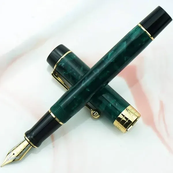 Jinhao 100 Fountain Pen Classic Style Green Acrylic, Fine Point with Converter and Gold Trim Pen Case Set